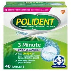 Polident 3 Minute Triple Mint Antibacterial Effervescent Denture Cleaner Tablets - 40 Count