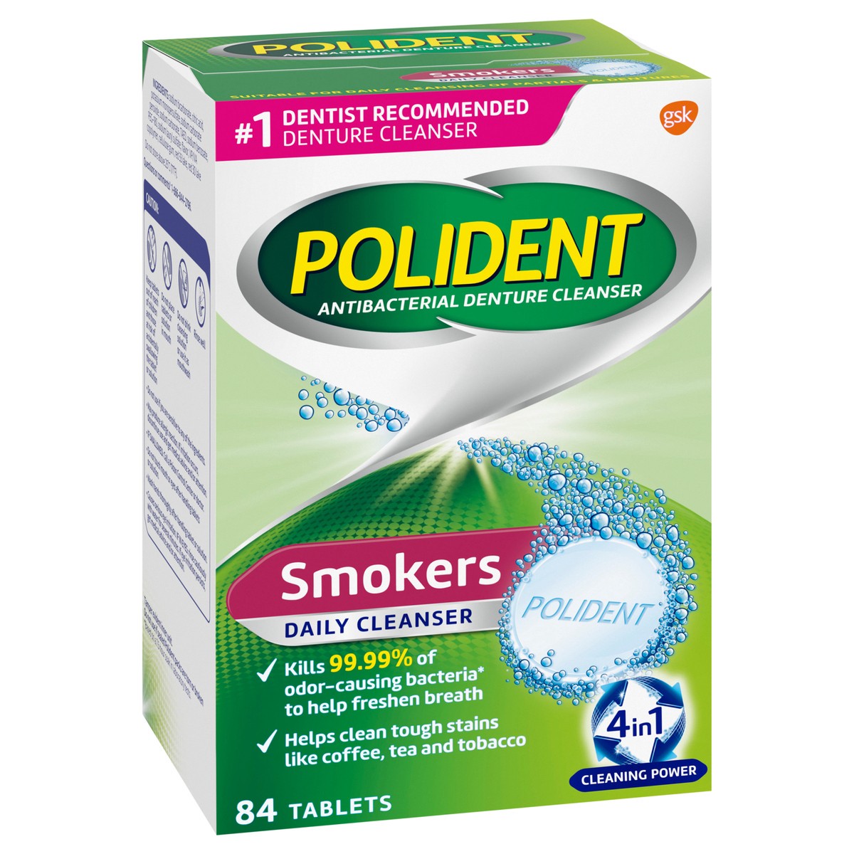 slide 2 of 9, Polident Smokers Antibacterial Denture Cleanser Effervescent Tablets, 84 count, 84 ct