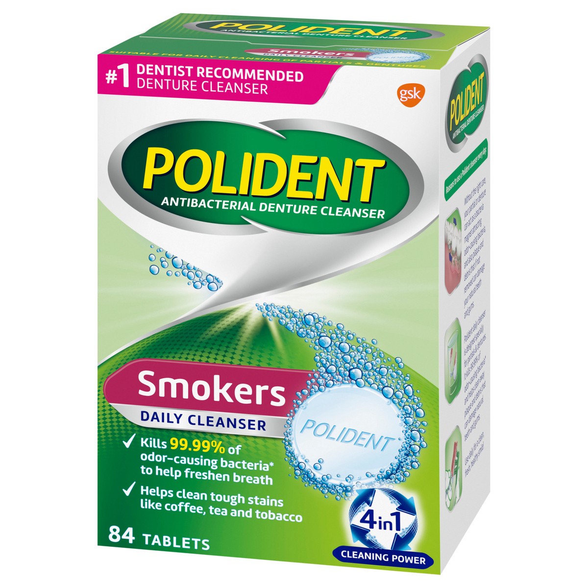 slide 3 of 9, Polident Smokers Antibacterial Denture Cleanser Effervescent Tablets, 84 count, 84 ct