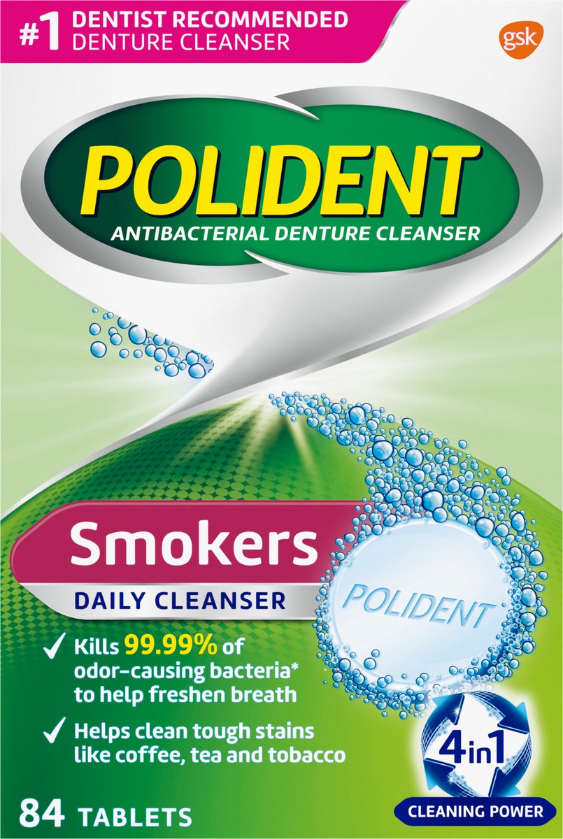 slide 6 of 9, Polident Smokers Antibacterial Denture Cleanser Effervescent Tablets, 84 count, 84 ct