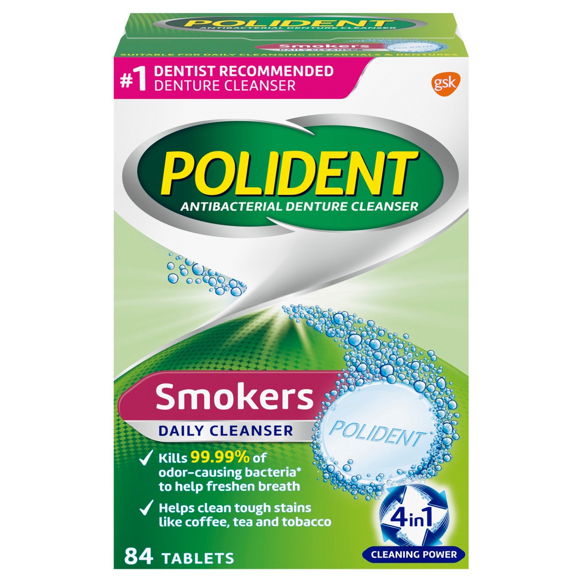 slide 1 of 9, Polident Smokers Antibacterial Denture Cleanser Effervescent Tablets, 84 count, 84 ct