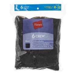 Hanes 6Pr Crew Sock 683/6P Black Plus 8-12