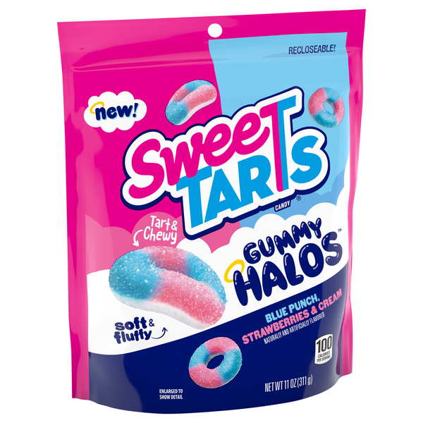 slide 1 of 1, Sweetarts Gummy Halos, Blue Punch, Strawberries & Cream, 11 oz