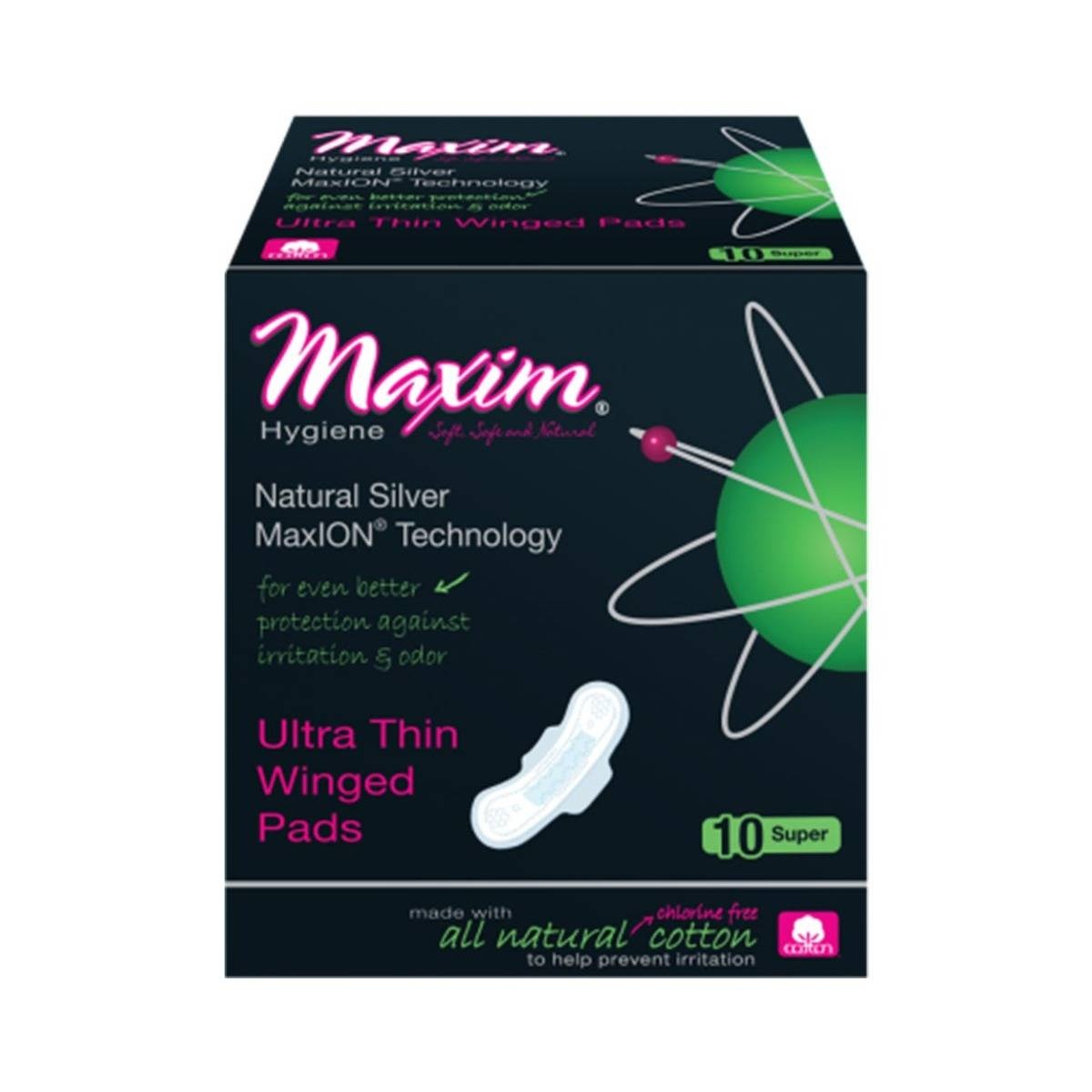 slide 1 of 1, Maxim Hygiene Ultra Thin Winged Super, 10 ct