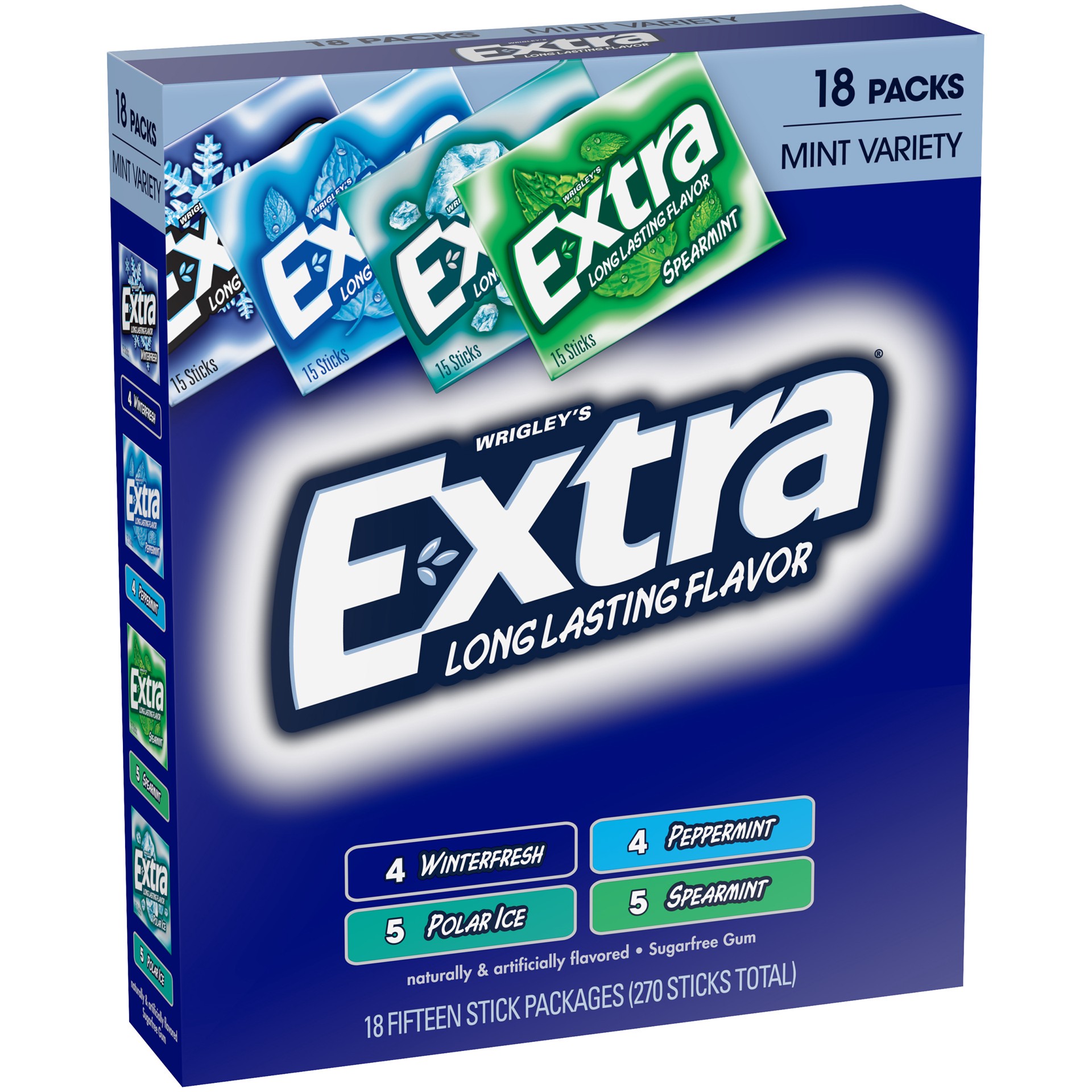 slide 1 of 8, Extra Mint Sugar Free Chewing Gum, Variety Pack, 15-sticks, 18-count, 270 pc