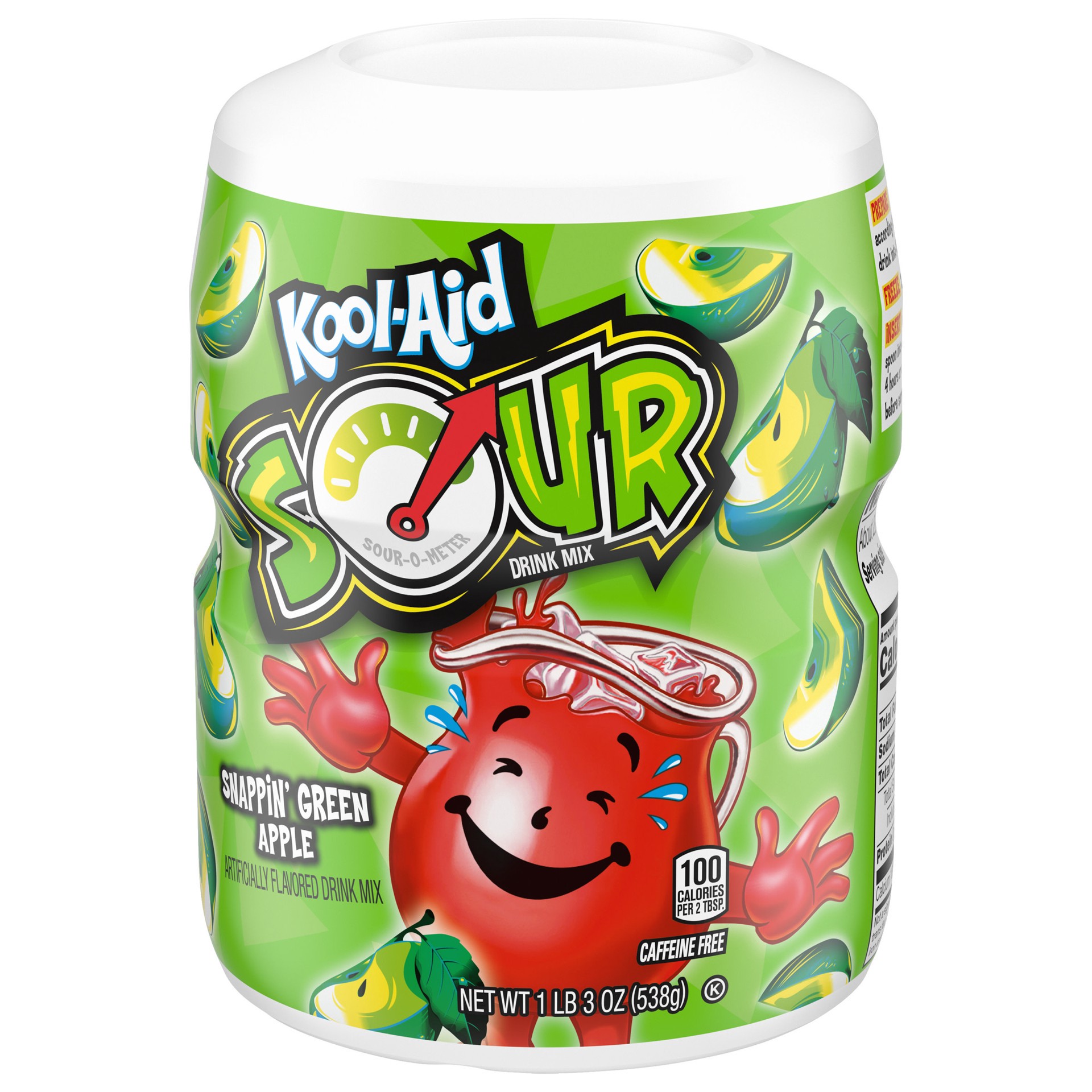 slide 2 of 5, Kool-Aid Sour Snappin' Green Apple Sugar-Sweetened Artificially Flavored Powdered Soft Drink Mix, 19.0 oz Canister, 19 oz