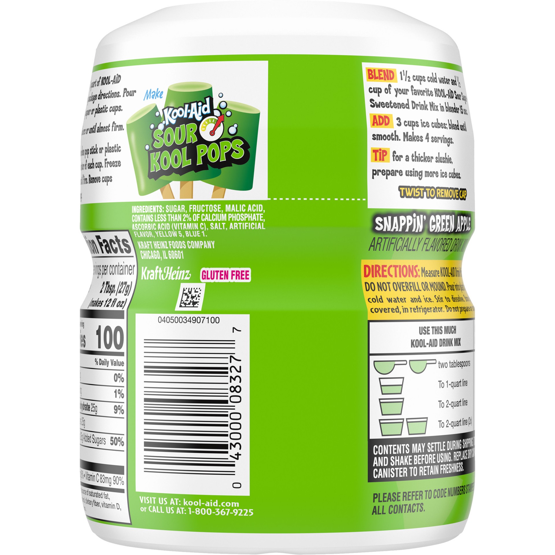 slide 3 of 5, Kool-Aid Sour Snappin' Green Apple Sugar-Sweetened Artificially Flavored Powdered Soft Drink Mix, 19.0 oz Canister, 19 oz