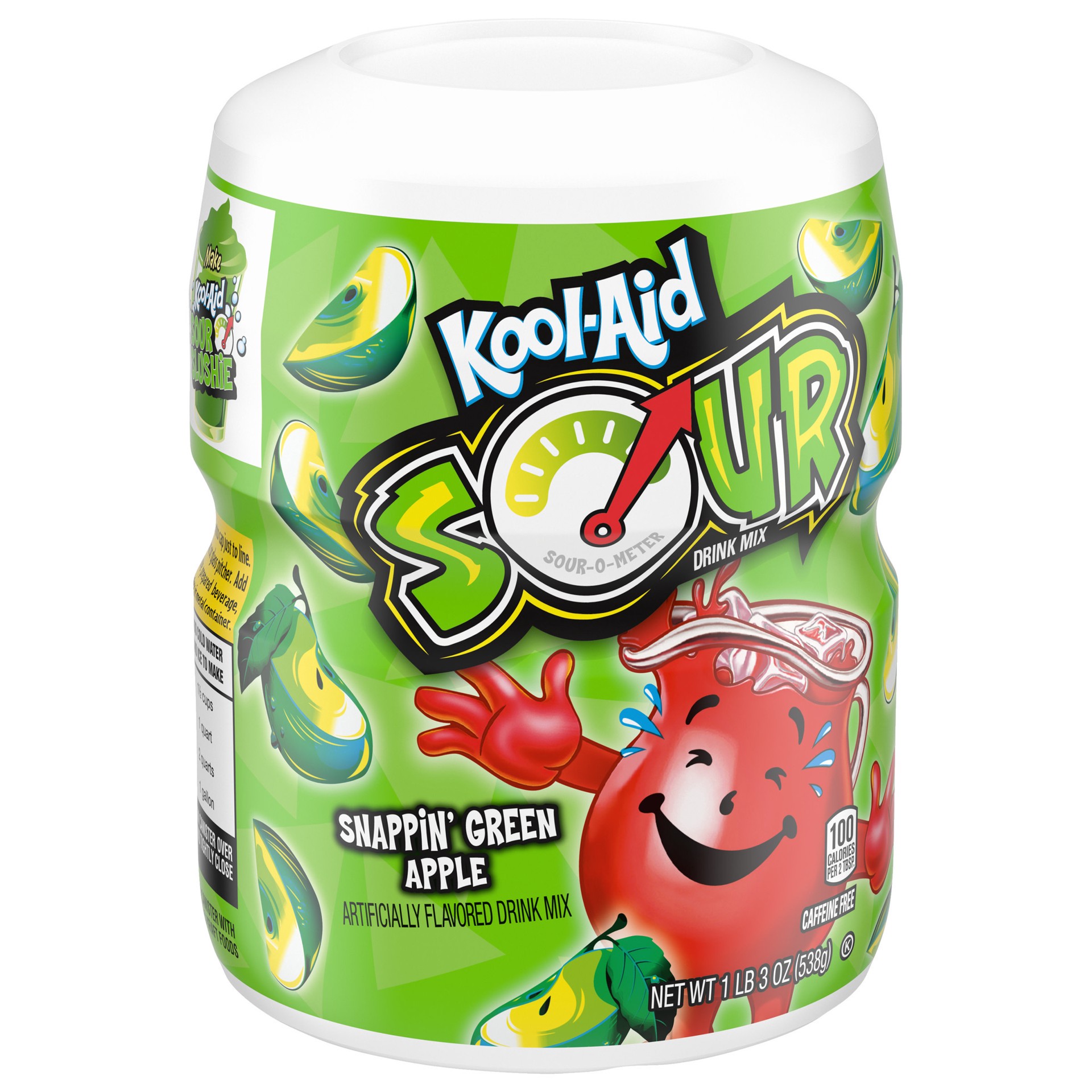 slide 5 of 5, Kool-Aid Sour Snappin' Green Apple Sugar-Sweetened Artificially Flavored Powdered Soft Drink Mix, 19.0 oz Canister, 19 oz