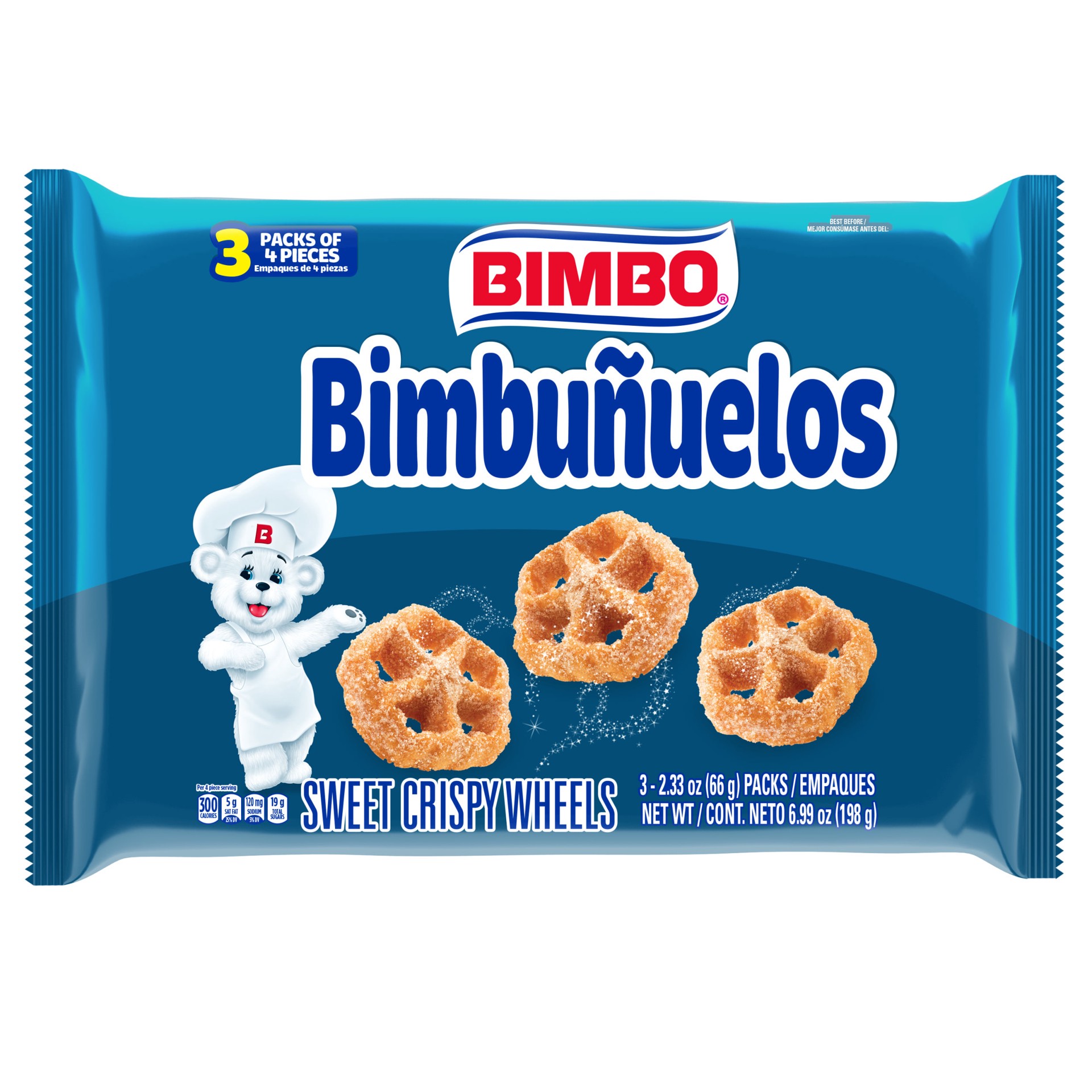 slide 1 of 5, Bimbo Bimbuñuelos Sugar Sweet Crispy Wheels, 3 packs, Pastries, 6.99 oz Tray, 6.9 oz