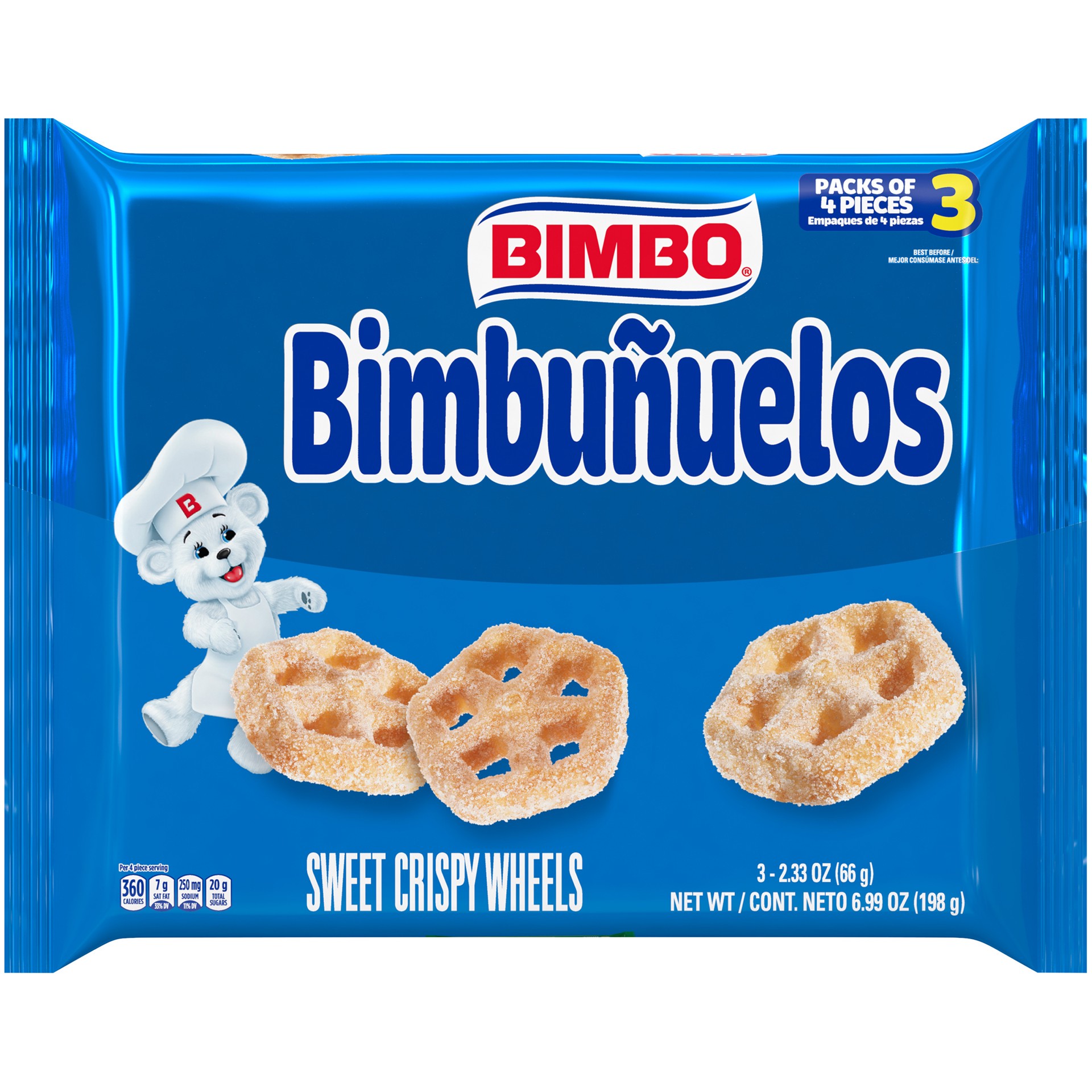 slide 1 of 5, Bimbo Bimbuñuelos Sugar Sweet Crispy Wheels, 3 packs, 6.99 oz, 6.9 oz