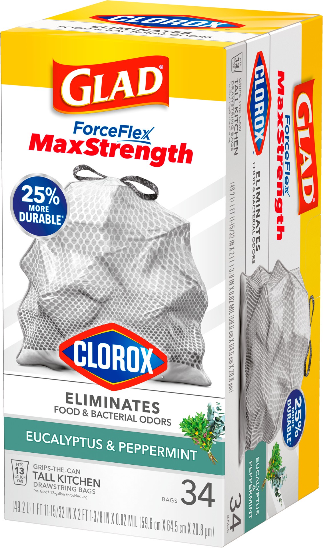 slide 3 of 5, Glad ForceFlexPlus with Clorox Tall Kitchen Eucalyptus Peppermint Trash Bags, 34 ct