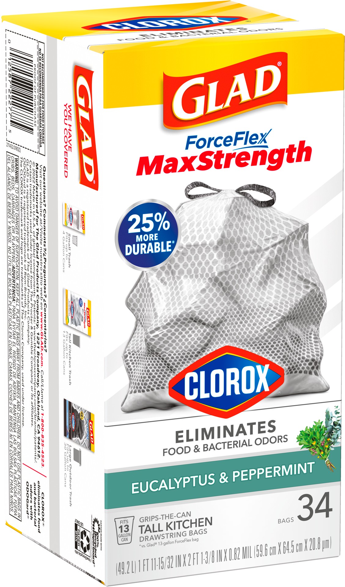 slide 2 of 5, Glad ForceFlexPlus with Clorox Tall Kitchen Eucalyptus Peppermint Trash Bags, 34 ct