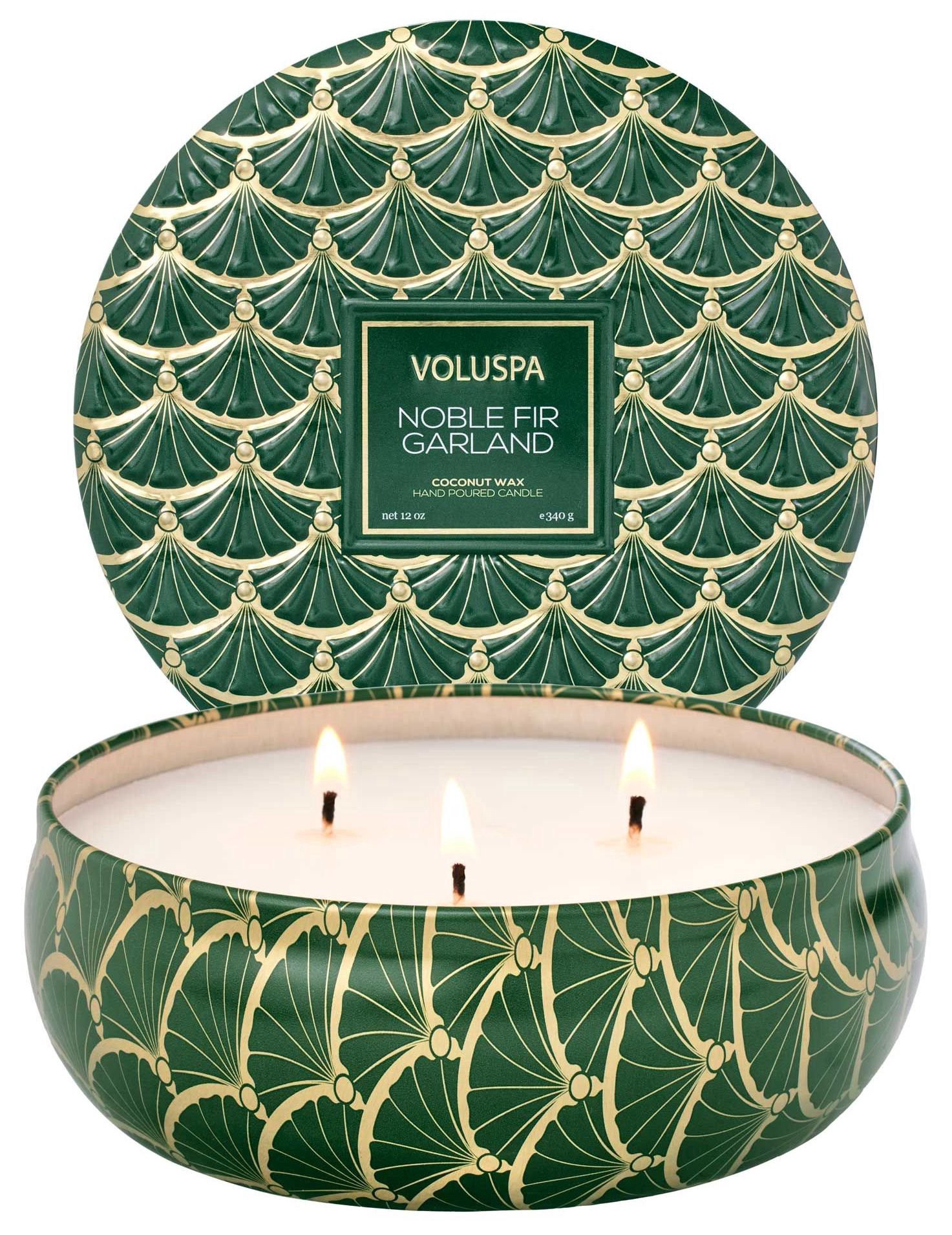 slide 1 of 1, Voluspa Noble Fir Garland 3 Wick Tin Candle, 12 oz