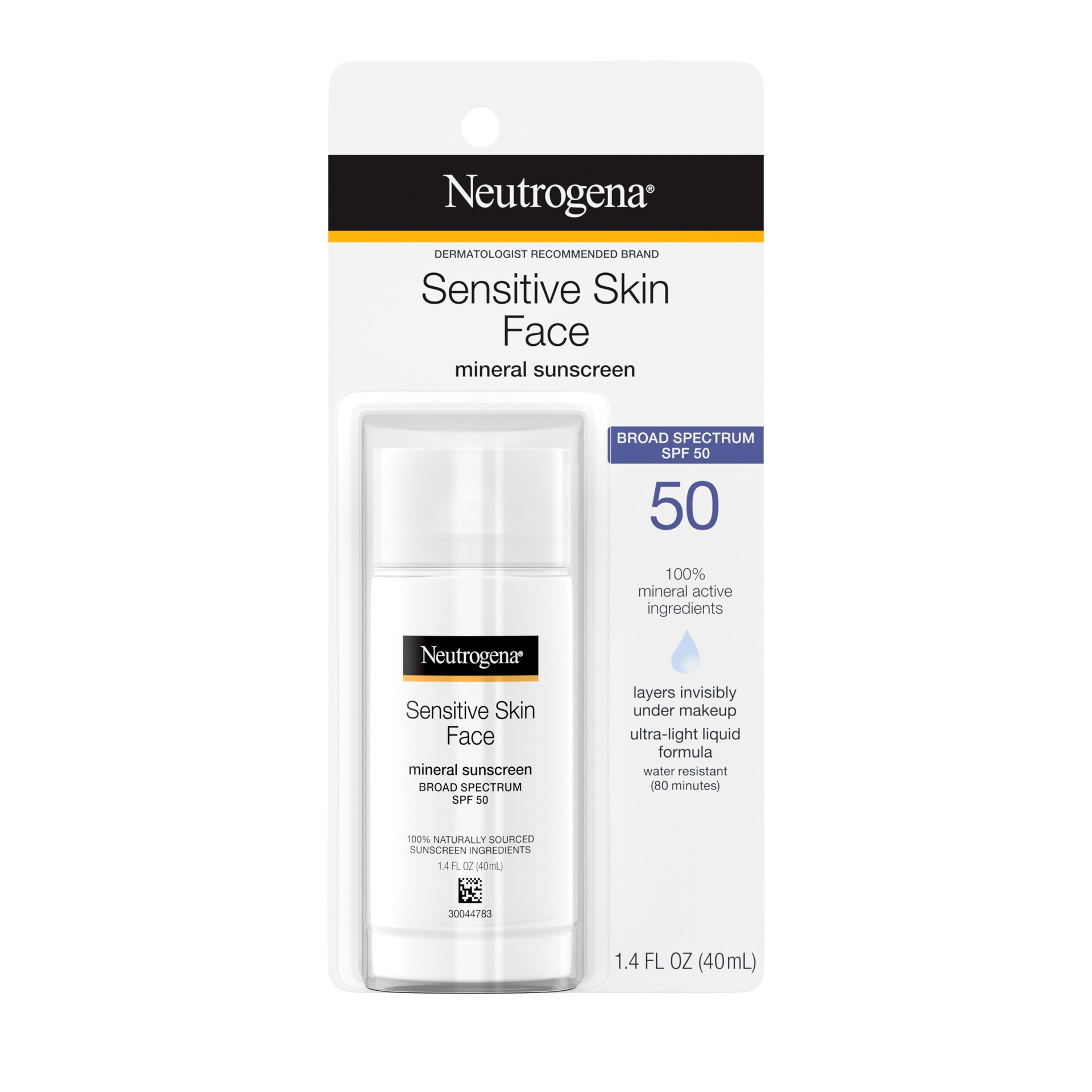 slide 5 of 5, Neutrogena Sensitive Skin Face Liquid Mineral Sunscreen with Broad Spectrum SPF 50, Lightweight Sunscreen with Zinc Oxide, Hypoallergenic, Fragrance-Free, Non-Comedogenic, 1.4 fl. oz, 1.4 oz