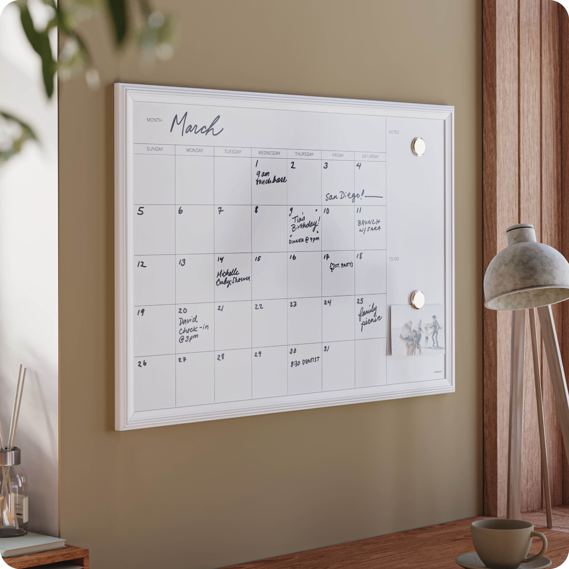 slide 3 of 5, U Brands 30 x 20 in. Magnetic Dry Erase Calendar Board, White Wood Style Frame, 1 ct