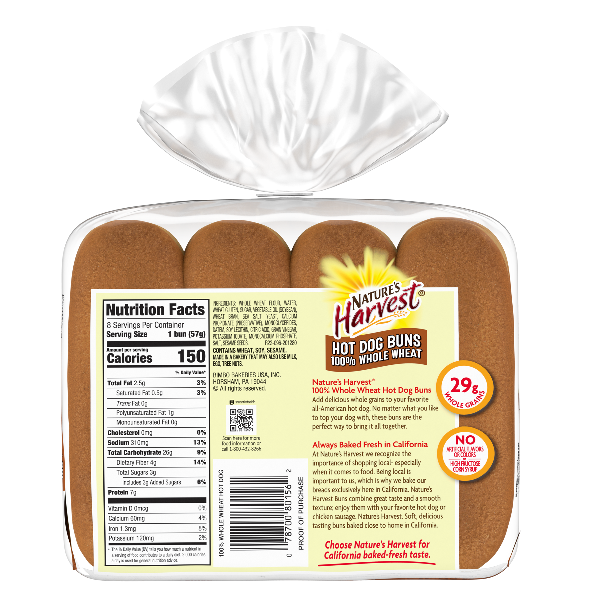 slide 3 of 5, Nature's Harvest 100% Whole Wheat Hot Dog Buns, 8 count, Hot Dog Buns, 16 oz Bag, 8 ct