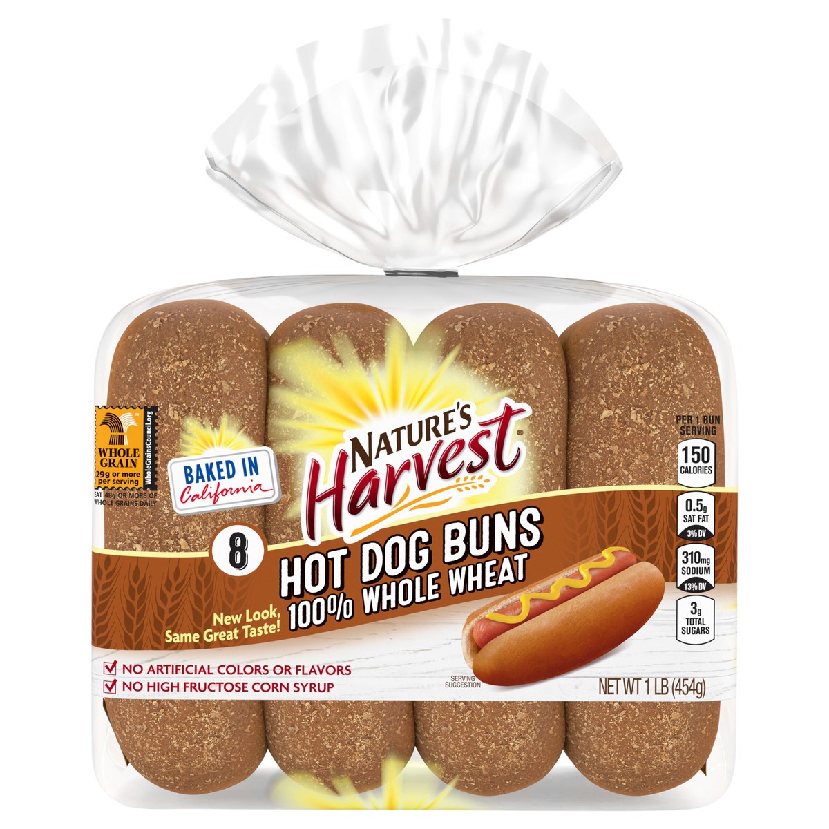 slide 1 of 5, Nature's Harvest 100% Whole Wheat Hot Dog Buns, 8 count, 16 oz, 8 ct