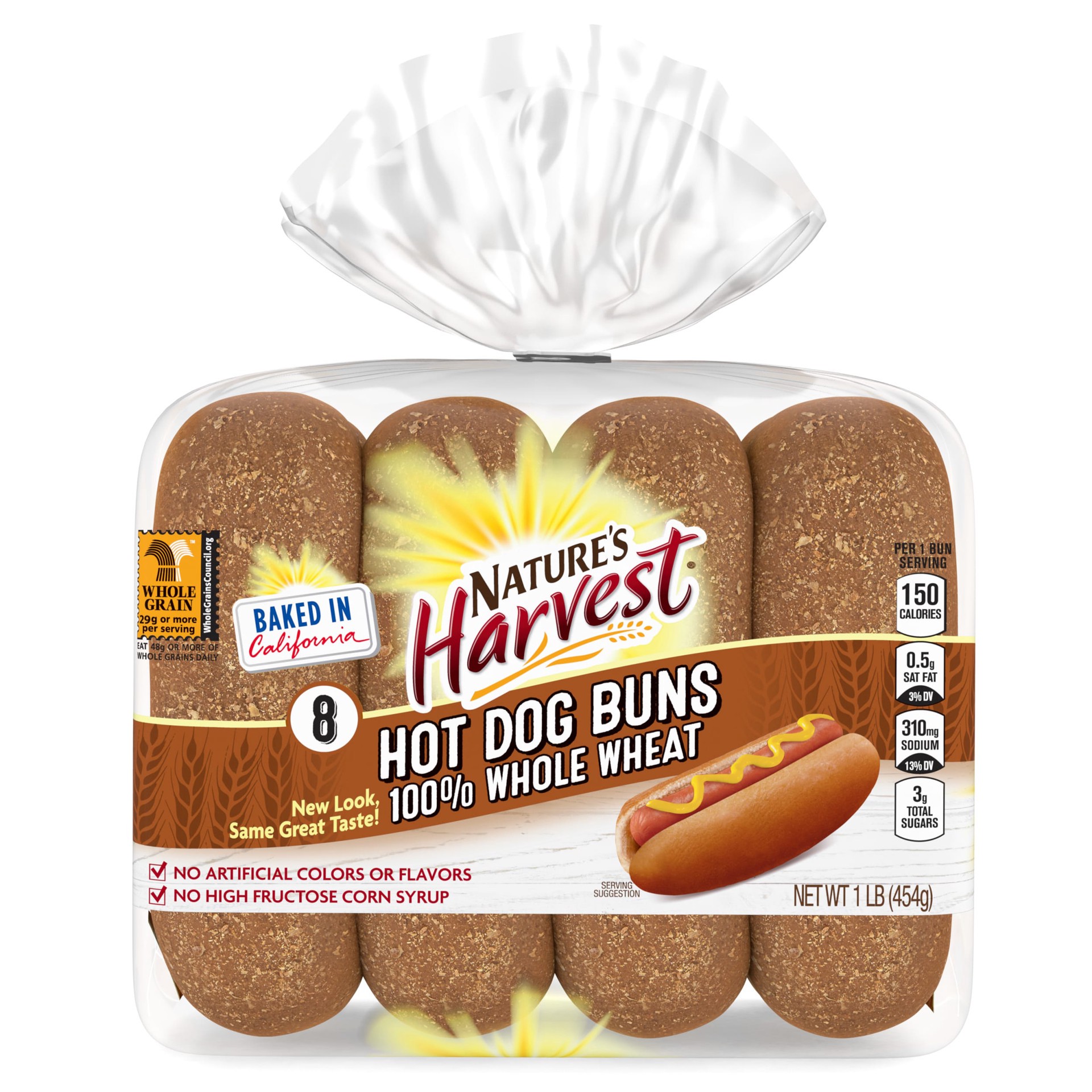 slide 1 of 5, Nature's Harvest 100% Whole Wheat Hot Dog Buns, 8 count, Hot Dog Buns, 16 oz Bag, 8 ct