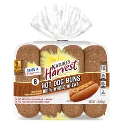 Nature's Harvest 100% Whole Wheat Hot Dog Buns, 8 count, 16 oz