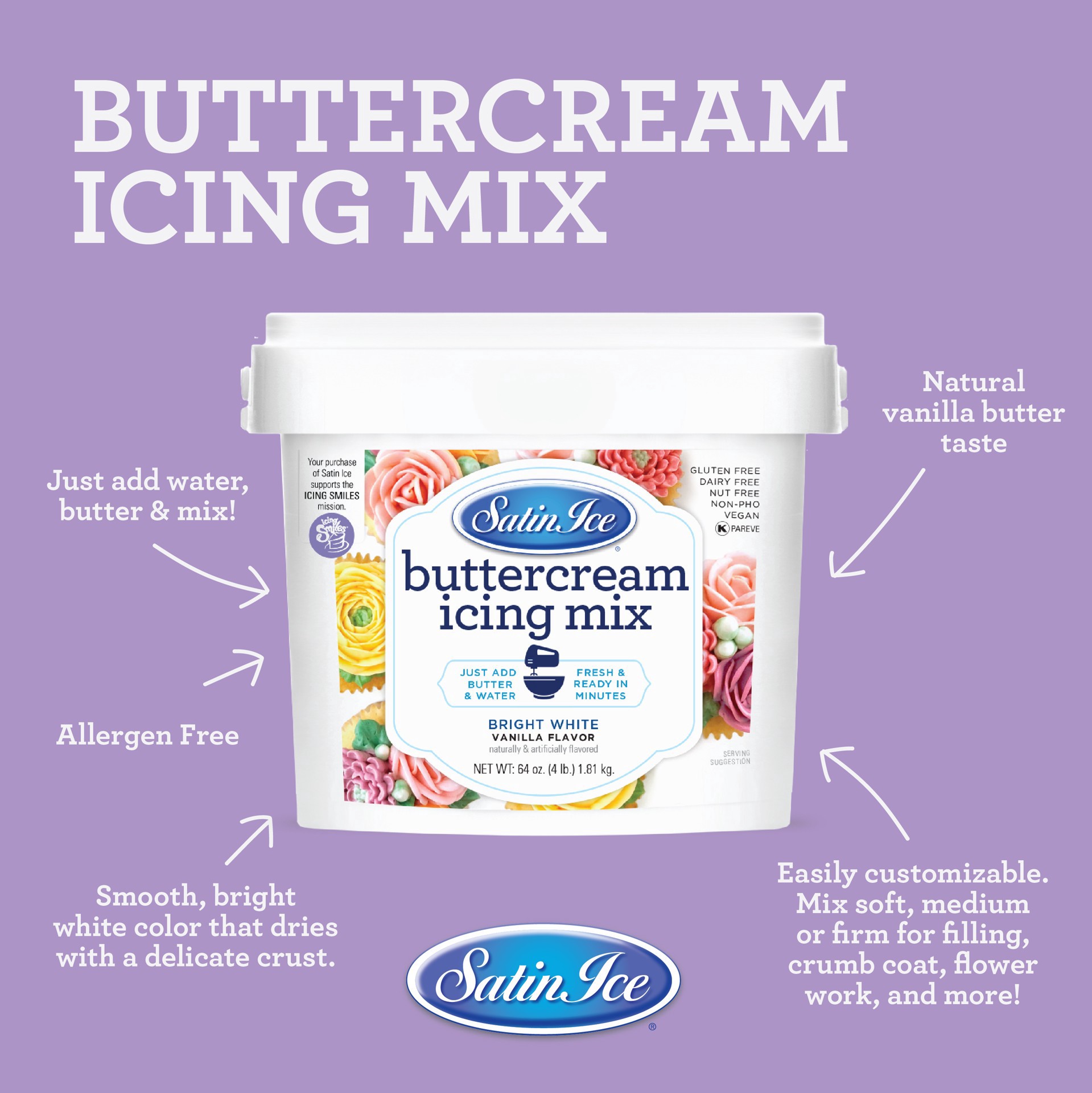 slide 5 of 5, Satin Ice Vanilla Buttercream Icing Mix, 4lb., 4 lb