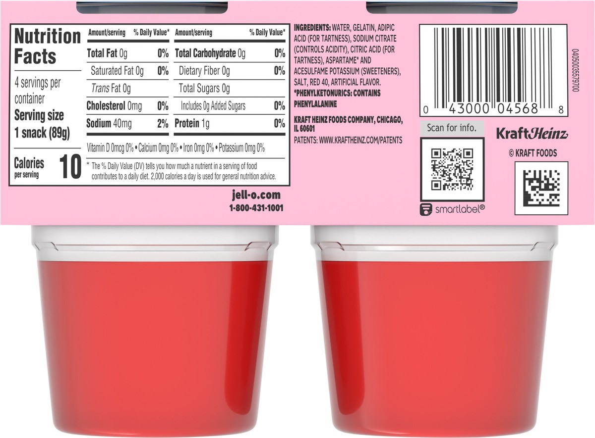 slide 7 of 9, Jell-O Strawberry Artificially Flavored Zero Sugar Ready-to-Eat Gelatin Snack Cups, 4 ct Cups, 12.5 oz
