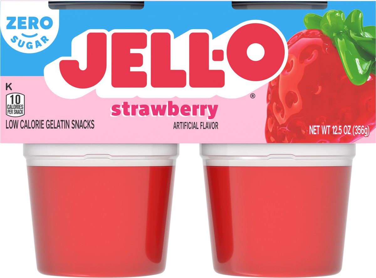 slide 3 of 9, Jell-O Strawberry Artificially Flavored Zero Sugar Ready-to-Eat Gelatin Snack Cups, 4 ct Cups, 12.5 oz