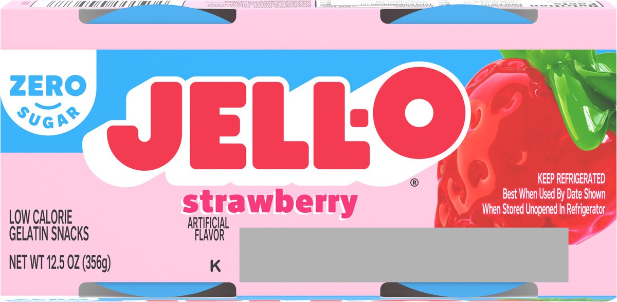 slide 6 of 9, Jell-O Strawberry Artificially Flavored Zero Sugar Ready-to-Eat Gelatin Snack Cups, 4 ct Cups, 12.5 oz