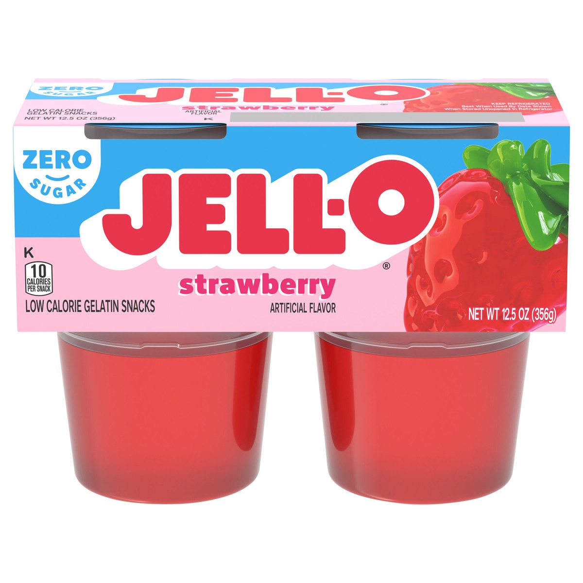 slide 1 of 9, Jell-O Strawberry Artificially Flavored Zero Sugar Ready-to-Eat Gelatin Snack Cups, 4 ct Cups, 12.5 oz