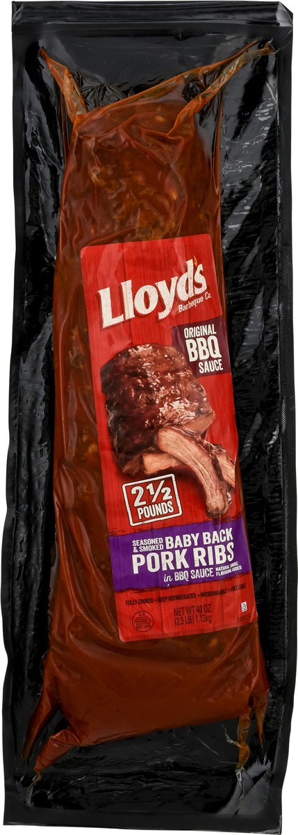 slide 7 of 9, Lloyd's Barbeque Company LLOYD'S Seasoned and Smoked Baby Back Pork Ribs in BBQ Sauce, 40 oz