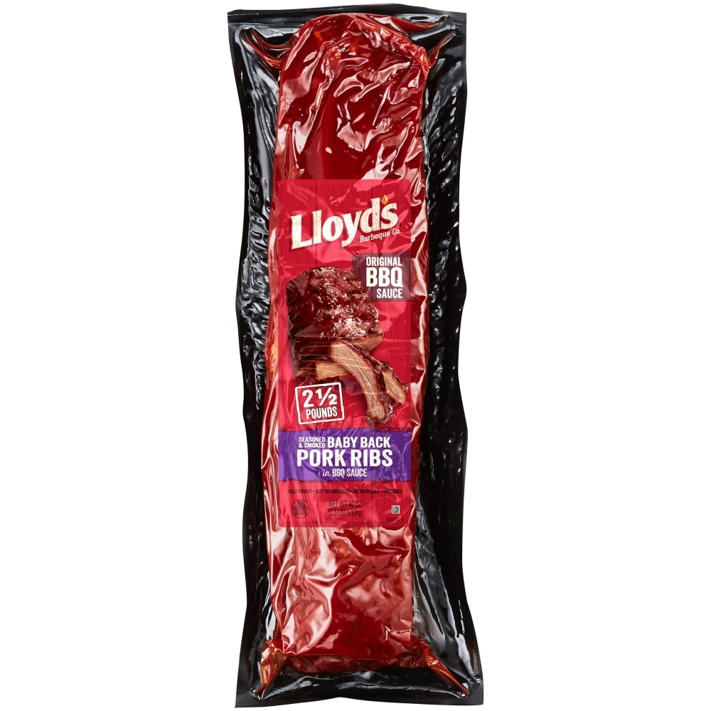 slide 1 of 1, Lloyd's Barbeque Company Seasoned & Smoked Baby Back Pork Ribs in Original BBQ Sauce, 40 oz