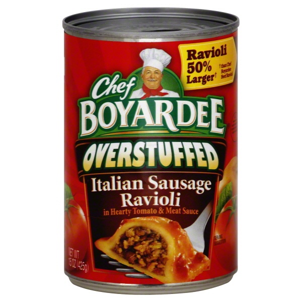 slide 1 of 1, Chef Boyardee Overstuffed Italian Sausage Ravioli, 15 oz