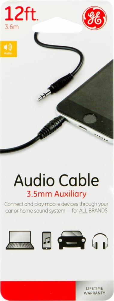 slide 1 of 1, Ge 3.5Mm Auxiliary Audio Cable - Black - 12 Foot, 12 ft