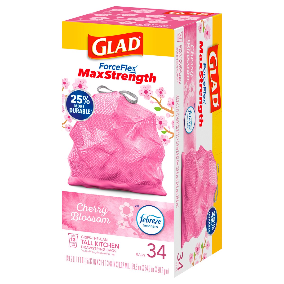 slide 7 of 9, Glad ForceFlexPlus Tall Kitchen Drawstring Febreze Cherry Blossom Trash Bags, 34 ct