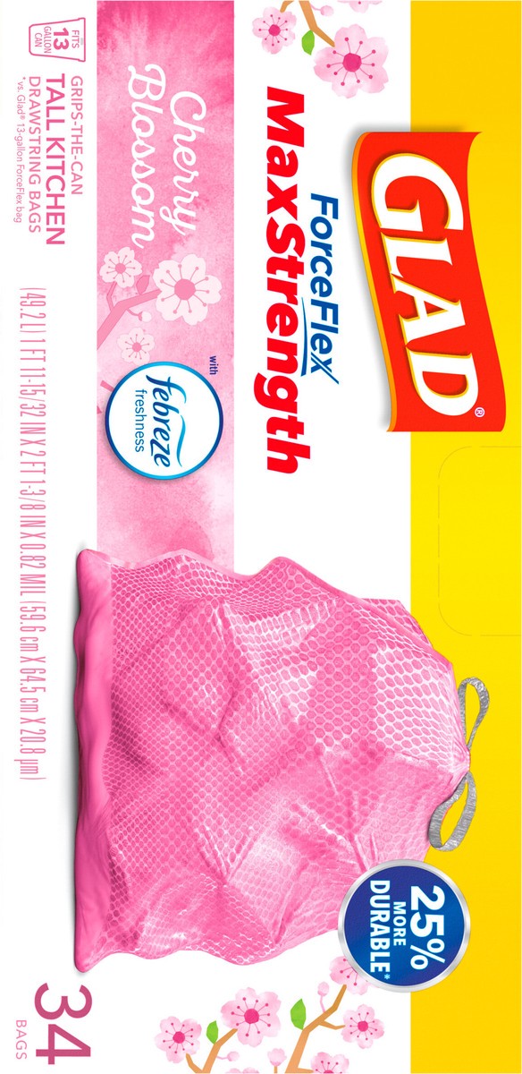 slide 5 of 9, Glad ForceFlexPlus Tall Kitchen Drawstring Febreze Cherry Blossom Trash Bags, 34 ct