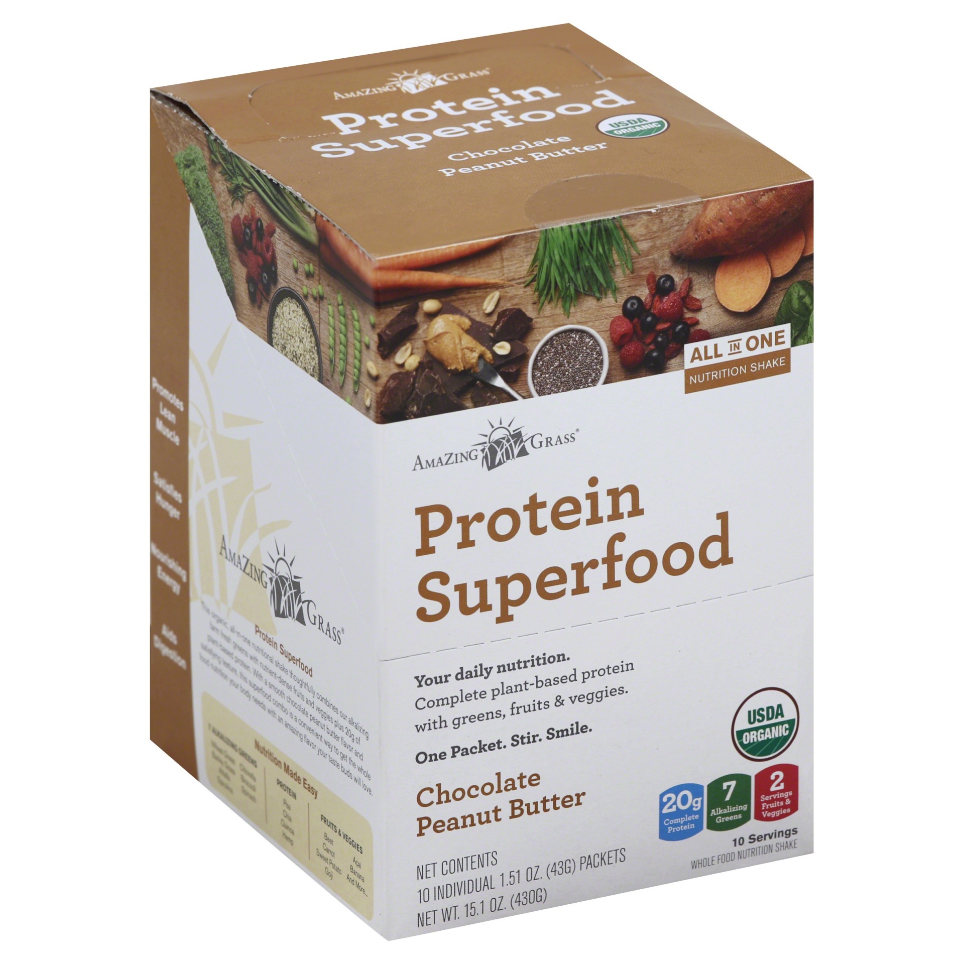 slide 1 of 1, Amazing Grass Protein Superfood Chocolate Peanut Butter Box, 10 ct; 1.51 oz