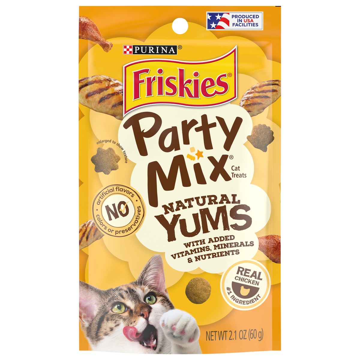 slide 5 of 16, Friskies Purina Friskies Natural Cat Treats, Party Mix Natural Yums With Real Chicken & Vitamins, Minerals & Nutrients, 2.1 oz