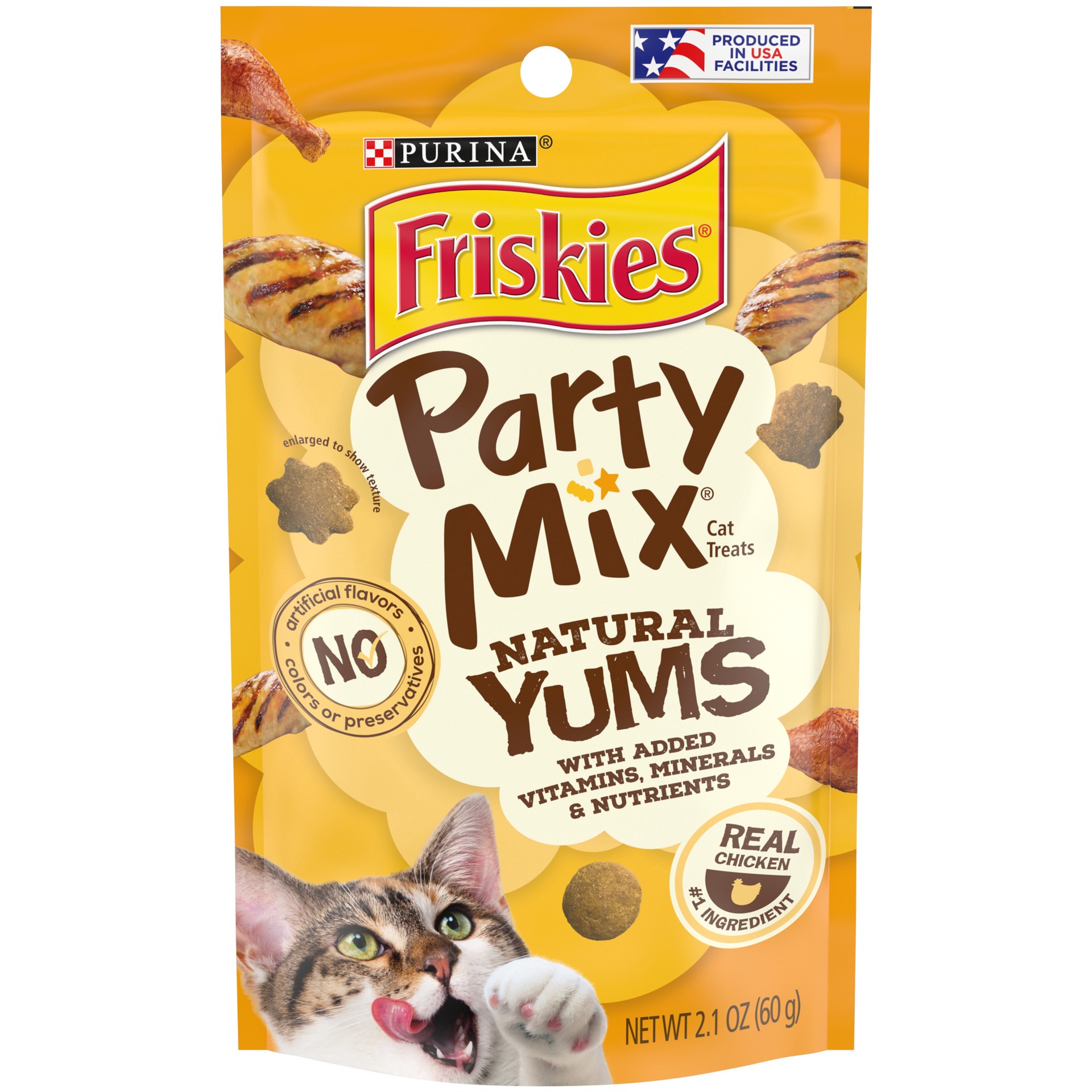 slide 1 of 16, Friskies Purina Friskies Natural Cat Treats, Party Mix Natural Yums With Real Chicken & Vitamins, Minerals & Nutrients, 2.1 oz