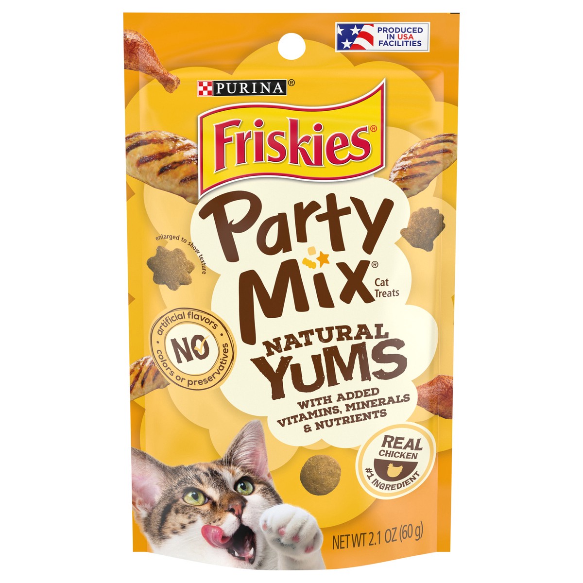 slide 1 of 16, Purina Friskies Natural Cat Treats, Party Mix Natural Yums With Real Chicken & Vitamins, Minerals & Nutrients, 2.1 oz