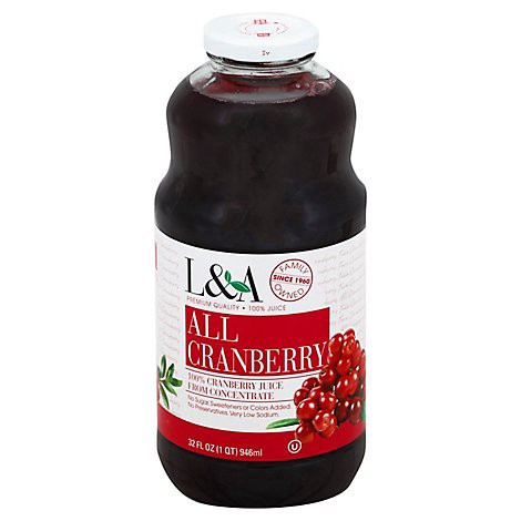 slide 1 of 1, L & A Juice Pure No Sugar All Cranberry - 32 Fl. Oz., 32 fl oz