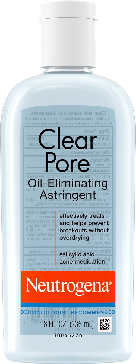 slide 6 of 8, Neutrogena Clear Pore Oil-Eliminating Facial Astringent with 2% Salicylic Acid Acne Medication and Witch Hazel, Pore Clearing Treatment for Acne-Prone Skin, Helps Control Shine, 8 fl oz