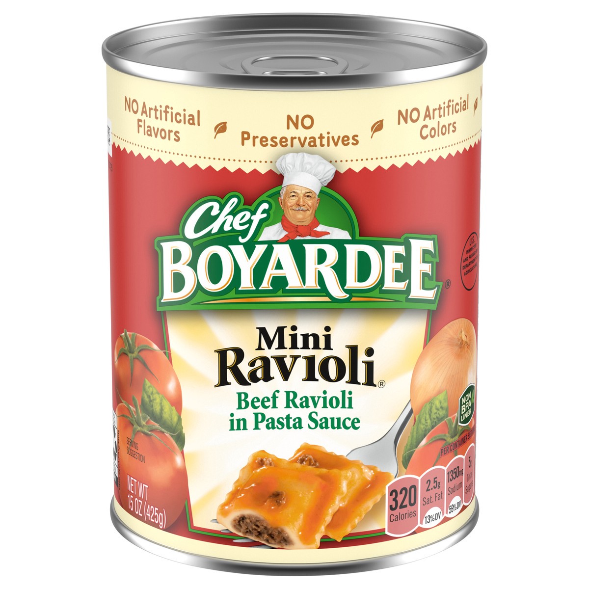 slide 1 of 5, Chef Boyardee Mini Ravioli, Beef Ravioli in Pasta Sauce, Ready-to-Eat Meal, 15 oz. Can, 15 oz