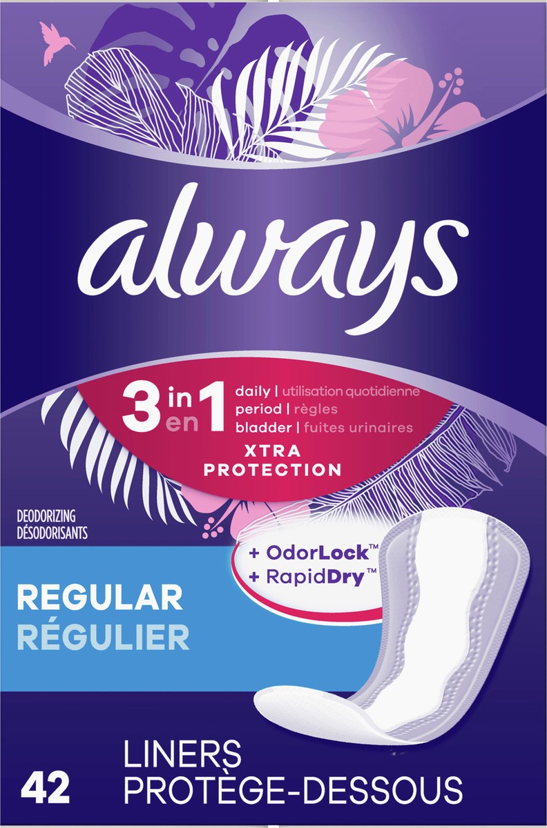 slide 7 of 7, Always Xtra Protection 3-In-1 Daily Liners Regularular, 42 ct