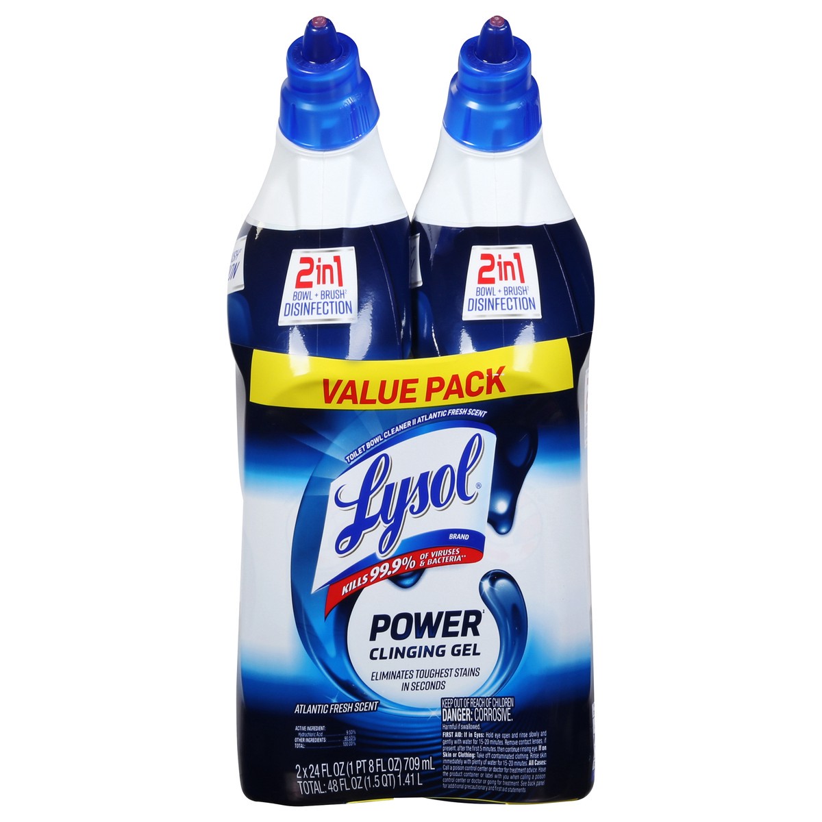 slide 1 of 9, Lysol Power 2 in 1 Atlantic Fresh Scent Clinging Gel Value Pack 2 - 24 fl oz Packs, 2 ct
