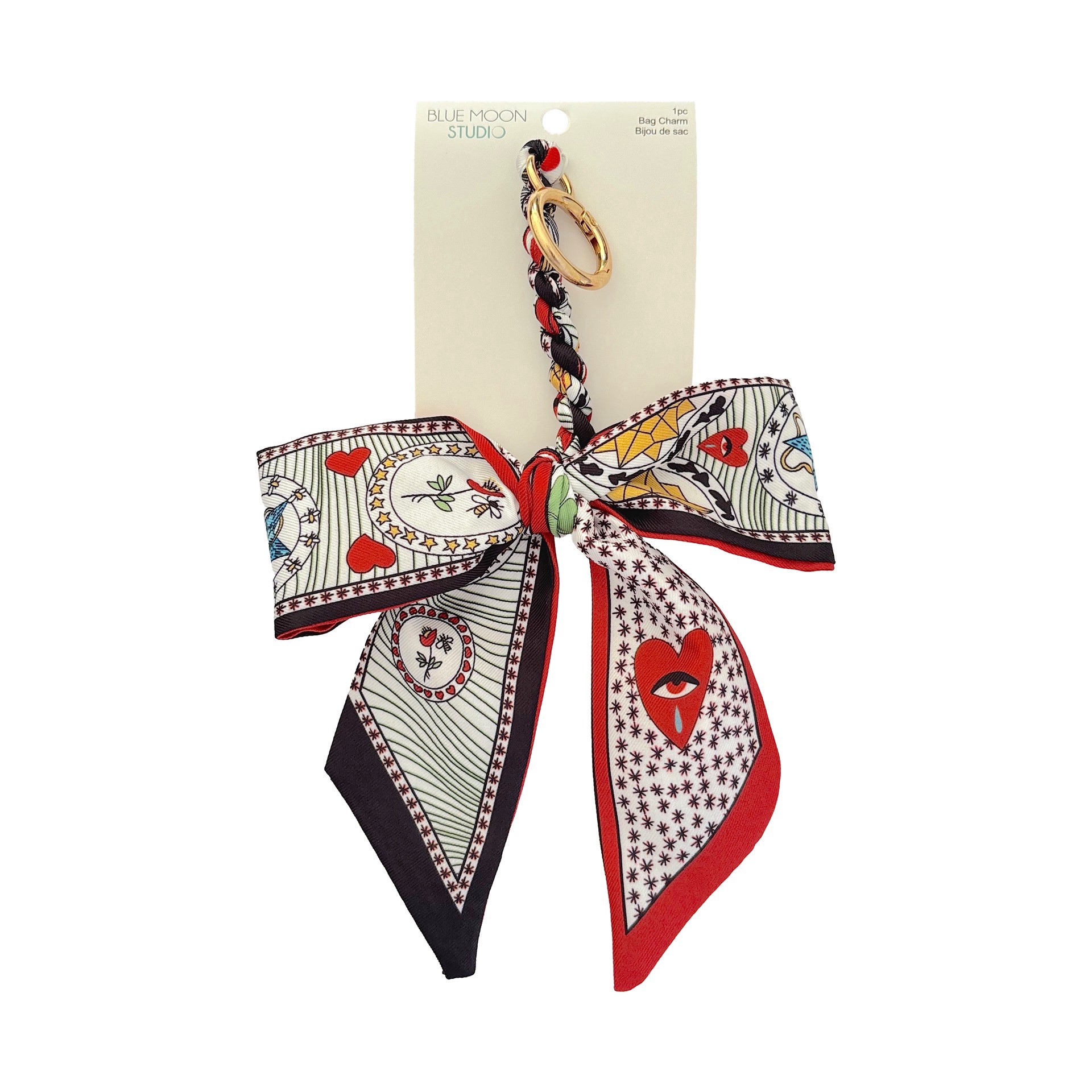 slide 3 of 3, Blue Moon Studio Red Hearts & Bees Print Bow Bag Charm, 9.5 in x 4.5 in x 0.5 in