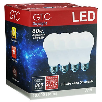 slide 1 of 1, GTC A19 LED 60W 800 Lumens Daylight Bulbs, 4 ct