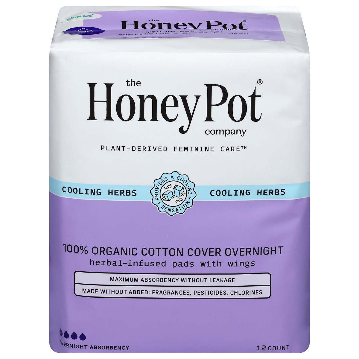 slide 1 of 1, The Honey Pot Company 100% Organic Cotton Cover Overnight Herbal-Infused Pads with Wings 12 ea, 12 ct