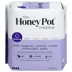 The Honey Pot Company 100% Organic Cotton Overnight Herbal-Infused Pads with Wings 12 ea