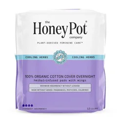 The Honey Pot Company 100% Organic Cotton Cover Cooling Herbal Infusion Overnight Pads, 12 Count