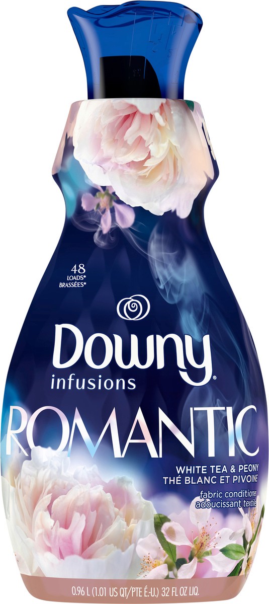 slide 1 of 9, Downy Infusions Liquid Fabric Softener, Romantic, White Tea & Peony, 32 fl oz, 32 oz