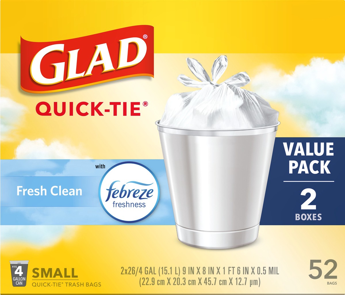 slide 5 of 7, Glad Small Trash Bags - OdorShield 4 Gallon White Trash Bag, Febreze Fresh Clean - 52 Count, 2 ct